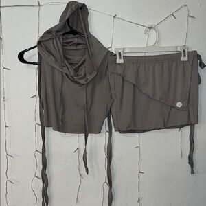 SHEIN Gray Hooded Crop Top and Skirt Set
